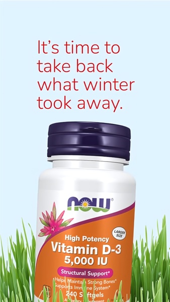 A 9:16 vertical ad creative featuring a Vitamin D-3 bottle against a seasonal background, using a benefit-driven headline.